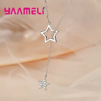 Nový Módní Trend, 925 Sterling Silver, Dvě Hvězdy Pramen Charm Náhrdelník Jedinečné Ženy Dívky Crystal Svatební Enagement Krk Šperky
