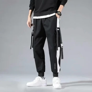 2020 Nový Hip-Hop Jogger Pánské Černé Harémové kalhoty se šlemi Multi-Pocket Stuha Pánské Sportovní Kalhoty Streetwear Ležérní Pánské Ležérní Kalhoty