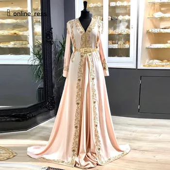 Marocké Kaftan Muslimské Večerní Šaty 2020 Zlatou Výšivkou Dubaj Ženy Párty Formální Šaty Pás Plus Velikost Večerní Šaty Plus Velikost