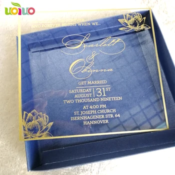 30ks tisk Lotus design zlatý tisk akrylových karty,svatební oznámení karta s boxy(logo na krabičku je třeba příplatek)