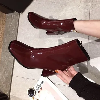 Kotník černý blok kožešina tlusté ženy boty zimní 2020 krátký fashion square toe robustní víno červené boty lakované kůže vodotěsné 896