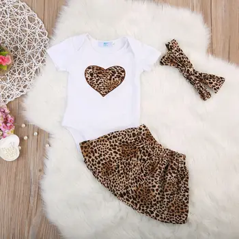 Pudcoco Novorozence Baby Girl Oblečení Sety Baby Leopard Romper + Tutu Sukně+Čelenka Narozeninovou Párty Oblečení Malé Dítě Šaty 0-24M