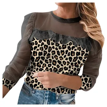 Dámy leopard šití ok top módní ležérní leopard mesh šití košile O-neck s dlouhým rukávem plus velikost top футболки 8*