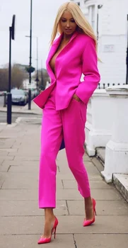Formální Růžová Jediného Breasted Módní Kanceláři Lady Dámské Oblek Kostýmy Pro Práci Slim Ležérní Plus Velikost Sako Sako Kalhoty