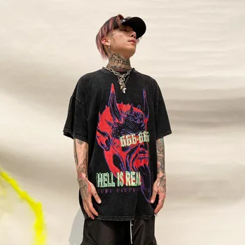 Hip-Hop Tištěné Krátkým rukávem T-shirt Pánské Letní Příliv Značky Graffiti Umyté Bavlněné Volné Měkké Komfortní T-Shirt Muži Oblečení