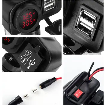 Motocykl Dual USB Nabíječka Voltmetr, Teploměr, Zásuvka pro Mobilní Telefony/Tablety/GPS