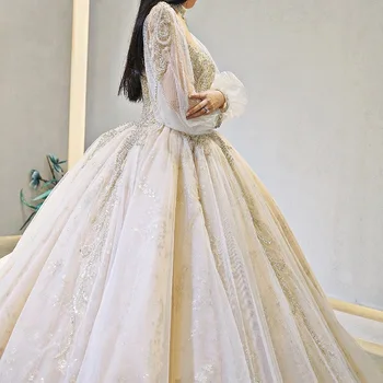 Nové Krajkové Plesové Šaty Svatební Šaty Dlouhé Rukávy Muslimské Svatební Šaty Luxusní Soudu Champagne Svatební Šaty 2021 Robe De Mariee