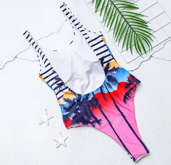 IN 2019 Nový Jednoho Kusu Plavky Pink Coconut Tree Tisk Plavky Ženy Plavky Pláž s hlubokým Výstřihem Vysoký Noze Monokini Plavky