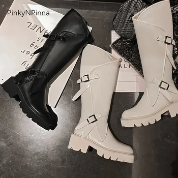 Kvalitní ženy dlouhé boty kolena vysoké bílé hovězí kůže originální kožené platforma punk jízda na koni noční klub, taneční boty kovové spony