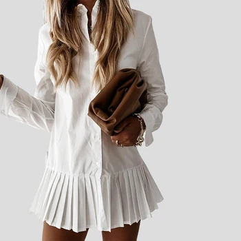 Podzimní Dlouhý Rukáv Bílé Nařasené Tričko, Šaty 2020 Ženy Casual Zase Dolů Límec Mini Šaty Tlačítko Lady Linie Office Vestidos