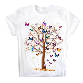 Harajuku Léto Ženy Ležérní Trička Kolem Krku Krátký Rukáv Butterfly Tree Print Top Tričko футболка женская