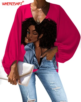 WHEREISART Halenka Ženy Afro Černé Holky Kouzelný Roztomilý Vzor Dámské Topy a Halenky 2020 Plus Velikost Košile Ženské Oblečení