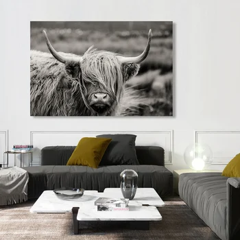 Černé a Bílé Skotský Highland Jaka Plátno Malování Zvířat Plakáty a Tisky Severské Umění Nástěnné Obrázky pro Obývací Pokoj Dekor