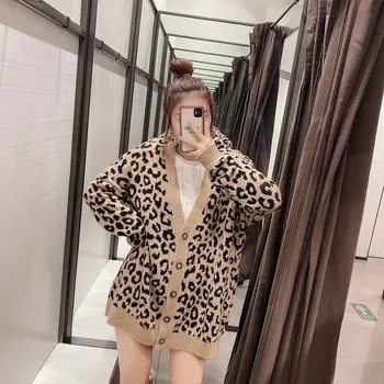 ZA 2020 Ženy Podzim Leopard, pletený svetr zimní Svetr Svetr Dlouhý Rukáv Ležérní Volné Pletené Jediného Breasted kabát