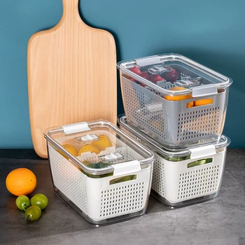 Plastové Dvojité Vrstvy Uzavřené Krabice S Víkem Čerstvé Vedení Úložný Box Kuchyň Lednička Ovoce A Zeleniny Odvodnění Úložný Box