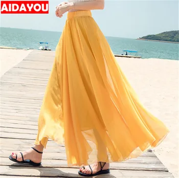 Dlouhé Sukně Skládaný Retro Maxi Šifon Plné Délce Plus Velikost Růžová Černá Beach Girl Sukně tutu Květinové korejský styl Elegantní ouc360