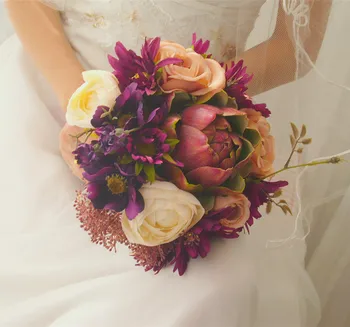 Vintage fialové svatební kytice kulaté styl bouque de novia
