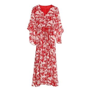 2021 Léto Červená Šifon Boho Maxi Letní Šaty Vintage Elegantní V-Neck Plus Velikost Tisku Midi Dráhy Šaty Štíhlé Ženy Party Vestidos