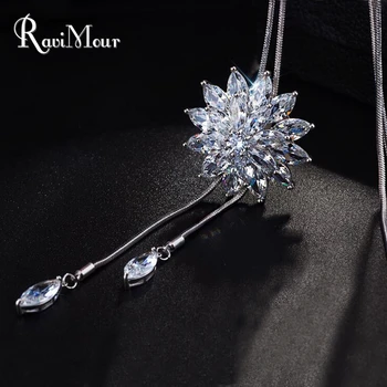 RAVIMOUR Zirkon Dlouhý Řetěz Náhrdelník pro Ženy Módní Stříbrná Barva Crystal Náhrdelníky & Přívěsky Střapcem Collier Femme Šperky