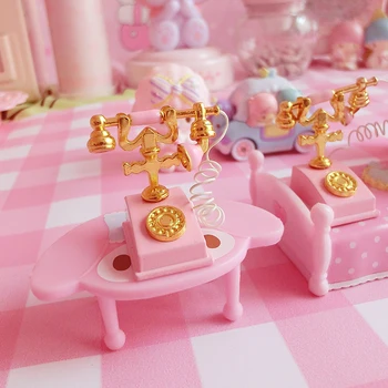 Růžové Mini Dollhouse Miniaturní Telefon Gramofon Wall Mount Telefon, Předstírat, Hrát Panenku Dům, Nábytek, Hračky