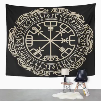 Černé Keltské Viking Design Magické Runové Kompas Vegvisir v Kruhu Severské Runy a Draci Tetování Gobelín Domova