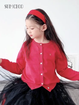 Sumcico 2020 Girls Cardigan Dětské Vyšívané Cherry Bavlna Batole Pletené svrchní oděv Dospívající Kůže-friendly Teplé Age2-14Y