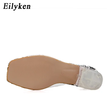 Eilyken 2021 Letní Módní Stříbrný Had obilí Sexy PVC Transparentní Peep Toe Clear Crystal Nízký Podpatek 5cm Ženy Venkovní Pantofle