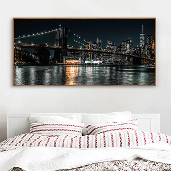 Velké Plakáty a Tisky New York City Brooklyn Bridge Plátno Obrázky pro Obývací Pokoj Plátně, Malba, Město, Noc, Panoráma města