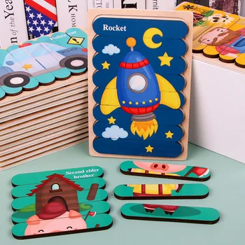 Dřevěné Vzdělávací Hračky pro Děti, Kreslený Vzdělávací Dopravní Zvířat Příběh Tvůrčí oboustranné Puzzle pro Děti Vysoké Kvality