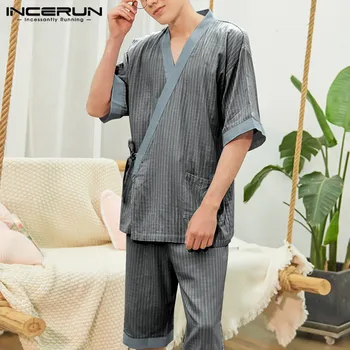 INCERUN 2021 Pruhované Pánské Pyžamo Sady Polovina Rukáv V Krku oblečení na Spaní Japonské Kimono Volný čas oblečení pro volný čas Šortky Retro Pyžama Oblek