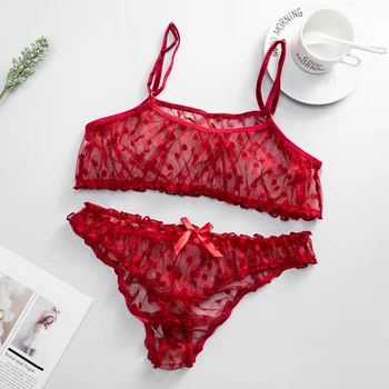 Nové Sexy Spodní Prádlo Set Spodní Prádlo Polka Dot Ok Límcem Trim Krajky Ženy Podprsenka Set Top Krajky Transparentní Černá Červená Barva 2021