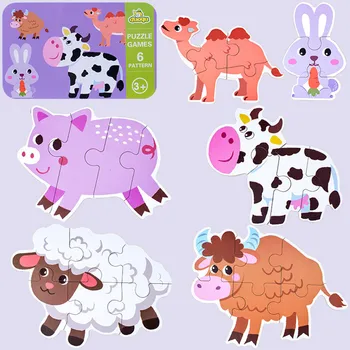 Montessori Puzzle 6 V 1 Kreslených Zvířat Dřevěné Puzzle Dopravní Raném Dětství Vzdělávací Hračky FH5