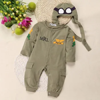Letec Dítě Rompers + Čepice Chlapecké Oblečení Novorozence Kombinézy Kojenecké Oblečení Celkově Bebe Roupas Pilot Kostýmy Zelené Oblečení Topy
