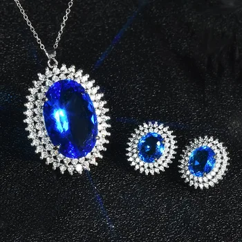 Luxusní Oválné S925 Přívěsek Náhrdelník Vložka Modrý Zirkon Crystal Módní Vysoce Kvalitní Šperky Pro Ženy, Svatební Koktejl Náhrdelník