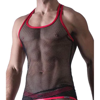 Muž Sexy Čiré Černé Síťované tílko s Červeným Lemováním Nátělník Racer Back Vesta Tričko Macho Show Oblečení