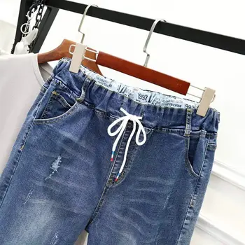 Evropské ležérní jednobarevné velké volné Harémové Kalhoty módní střední pasu elastický pás krajky dámské džíny