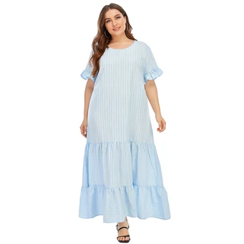 5XL Volné Plus Velikost Letní Šaty Pro Ženy Krátký Rukáv Vidět Přes Pruhované Volánky Modré Maxi Šaty Dlouhé Ležérní Šaty