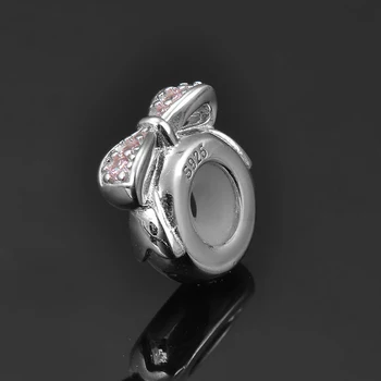 Nový bowknot 925 Sterling Silver Jasné, Růžové Zirkony Silikonovou Zátkou Korálky Fit Originální europeu Kouzlo Náramek Šperky
