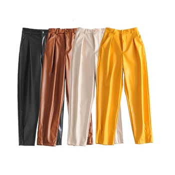ZA rok 2020 nové Podzimní Zimní 4 barvy PU uvnitř bavlněné Šňůrky Ženy Rovné Kožené kalhoty Udržet teplé Ležérní streetwear