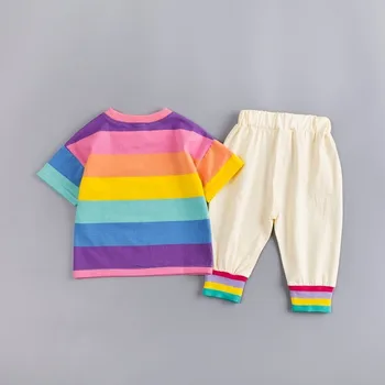 Letní Dětské Dívky Soupravy Oblečení Batole Dětské Oblečení Obleky Bavlna Rainbow T Shirt Popruh Šortky 2ks Děti, Děti, Kostým