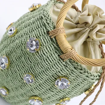 Plážová taška kulatý ratanový nábytek zvládnout tkané taška kbelík slámy totes korálky, krystaly, diamant koš taška ženy letní kabelka zelené přírody