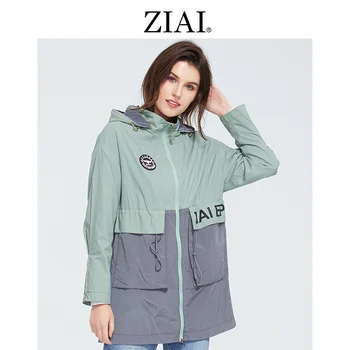 ZIAI 2020 Jarní trenčkot s kapucí ženy světle zelená módní mid-délka s Velké kapsy na zip sportovní žena ZS-3068