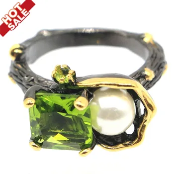 18x13mm Vznešené Starožitné Vintage 18x13mm 6,9 g Zelený Peridot Bílá Perla Černého Zlata Stříbrné Prsteny