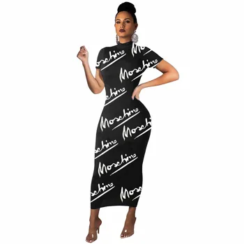 Dopis Vytisknout Módní Dlouhé Šaty Ženy Krátký Rukáv Maxi Šaty Černé Bílé Sexy Párty Plus Velikost Šaty, Elegantní Letní Oblečení