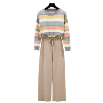 ICHOIX rainbow svetr roztomilé pletené 2 Ks Set dámské širokou nohu Kalhoty ležérní korejské Dva Kus Oblečení 2KS dívka oblečení set