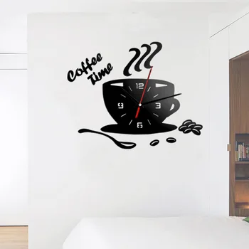 3D DIY Káva, Čas, Hodiny, Akryl Nástěnné Hodiny, Moderní pro Kuchyně Domova Cup Tvar Nálepka na Zeď Duté Číslice Hodiny D