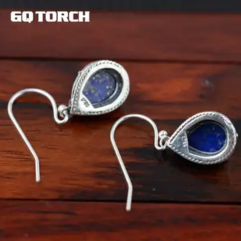 Thajské Stříbro, Přírodní Lapis Lazuli Náušnice Náušnice Vintage Styl Ruční Práce Krásné Jemné Šperky 925 Stříbrný