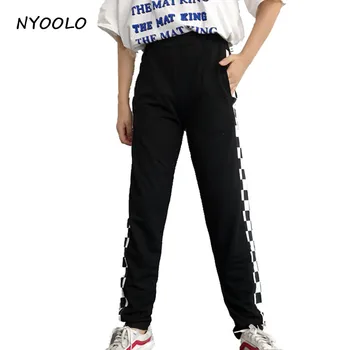 NYOOLO Novinka design streetwear kalhoty Černé a bílé kostkované osobnosti patchwork elastický pas hip hop kalhoty, ženy/muži