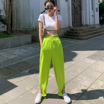 2020 Nové Ženy Volné Ležérní Zelené Tepláky Harajuku Běžců Potu Kalhoty Streetwear Žena Korejský Styl Vysoké Pasem Kalhoty