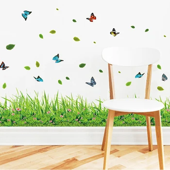 Zelená Tráva, Barevné Butterfly Květiny Samolepky Na Zeď Sokl Linky Základní Desku Dekorace Vinyl Obtisky Nábytek Skříň Dekor